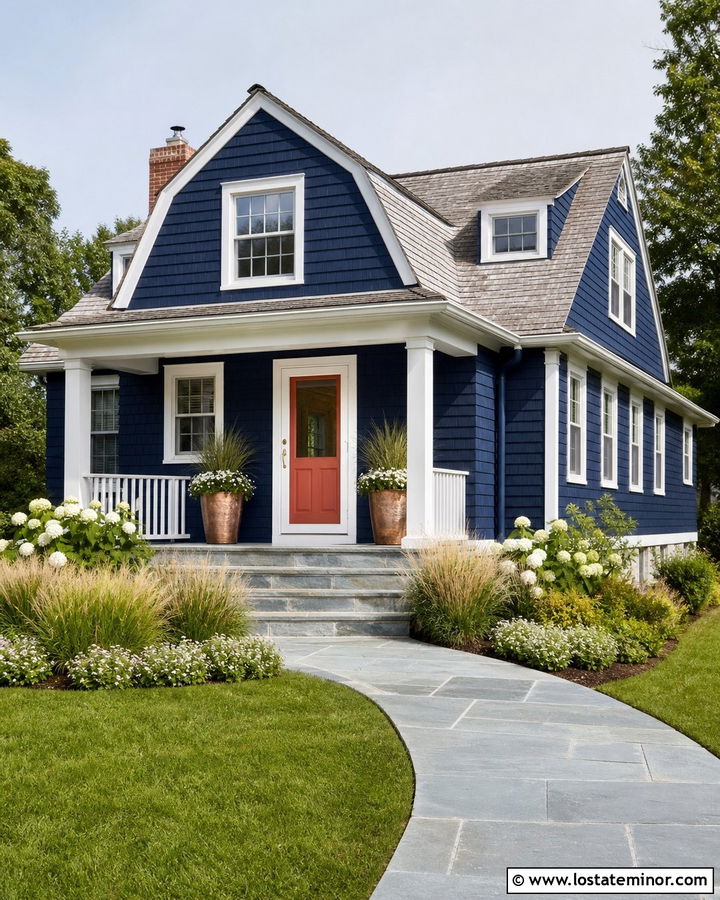 Navy Blue House With Coral Door And White Storm Door - 30 Navy Blue House Design With Storm Door Ideas
