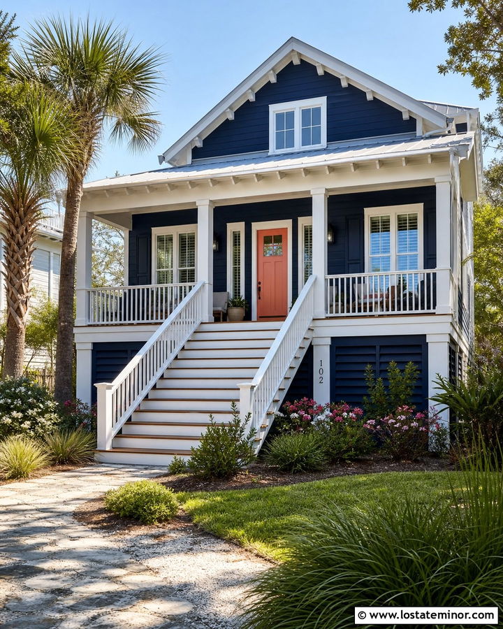 Navy Blue House With Coral Front Door - 30 Navy Blue House Design With Front Door Ideas