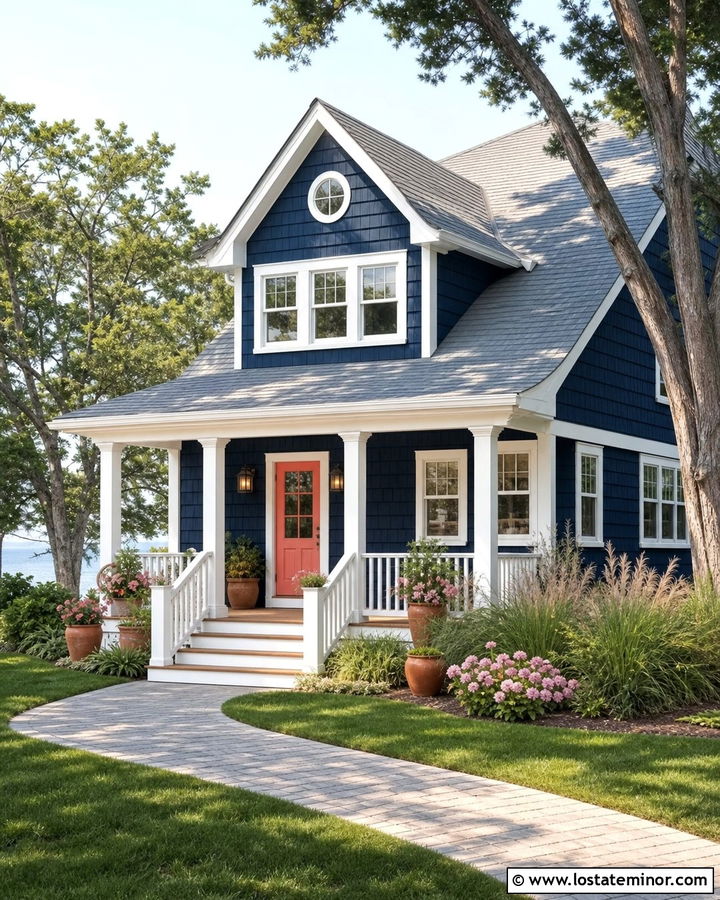 Navy Blue House With Coral Front Door - 30 Navy Blue House Design With Entry Door Ideas