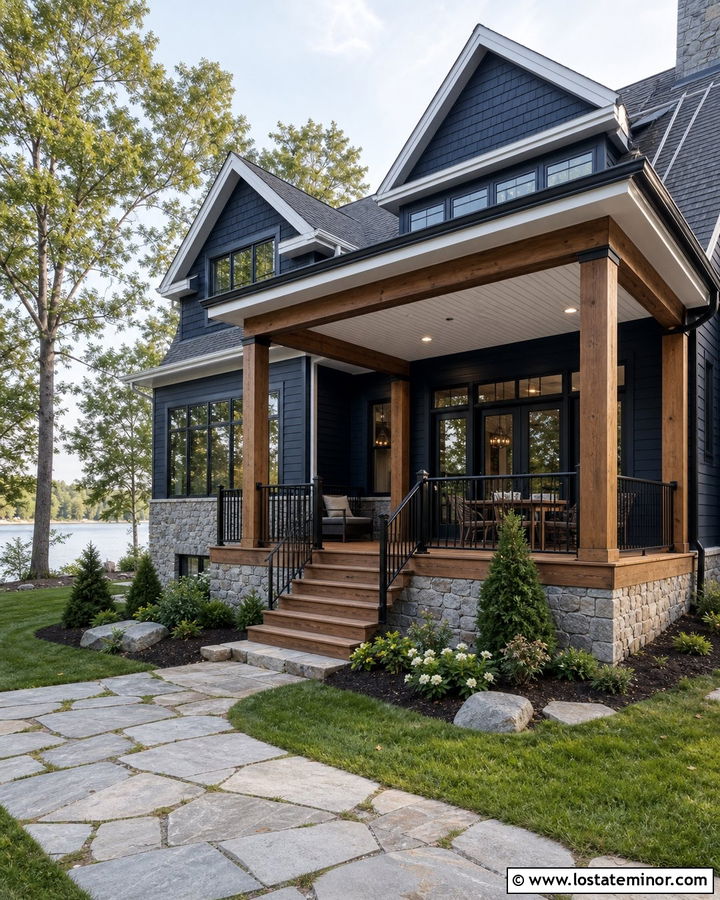 Navy Blue House With Covered Deck - 30 Navy Blue House Design With Deck Ideas