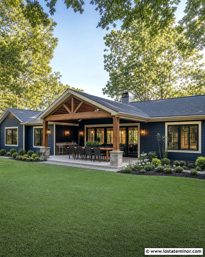 Navy Blue House With Covered Outdoor Dining - 30 Navy Blue House Design With Backyard Ideas