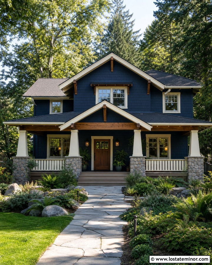 Navy Blue House With Craftsman Porch Columns - 30 Navy Blue House Design With Porch Columns Ideas