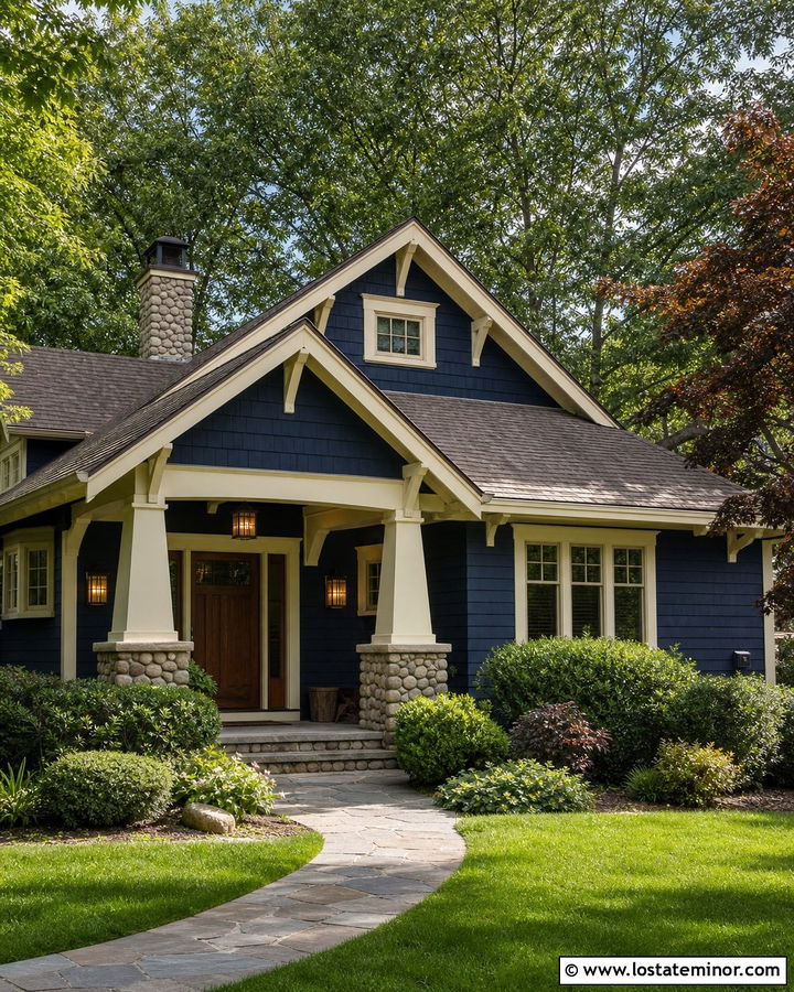 Navy Blue House With Craftsman Porch Lanterns - 30 Navy Blue House Design With Lighting Ideas