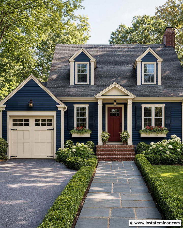 Navy Blue House With Cream Garage Door - 30 Navy Blue House Design With Garage Door Ideas