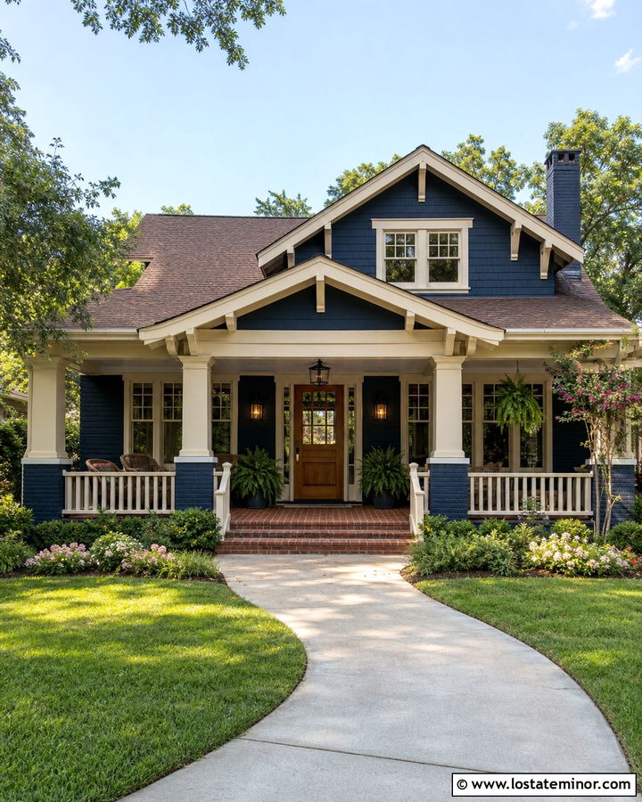 Navy Blue House With Cream Grid Windows And Porch - 30 Navy Blue House Design With Window Frames Ideas