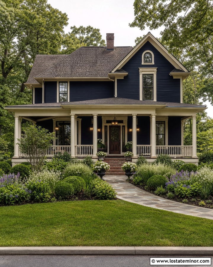 Navy Blue House With Cream Porch Columns - 30 Navy Blue House Design With Porch Columns Ideas