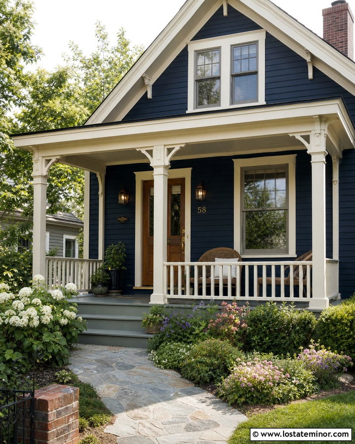 Navy Blue House With Cream Porch Trim - 30 Navy Blue House Design With Front Porch Ideas