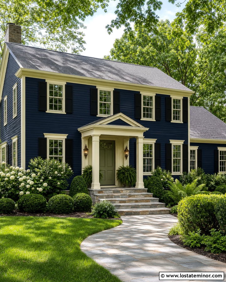 Navy Blue House With Cream Portico And Green Door - 30 Navy Blue House Design With Portico Ideas