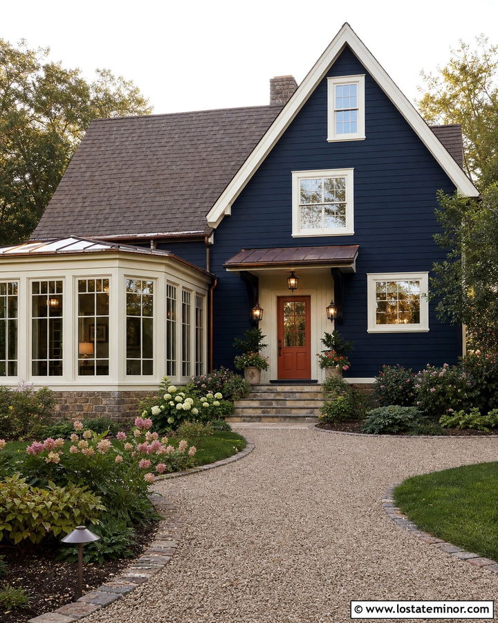 Navy Blue House With Cream Sunroom Trim - 30 Navy Blue House Design With Sunroom Ideas