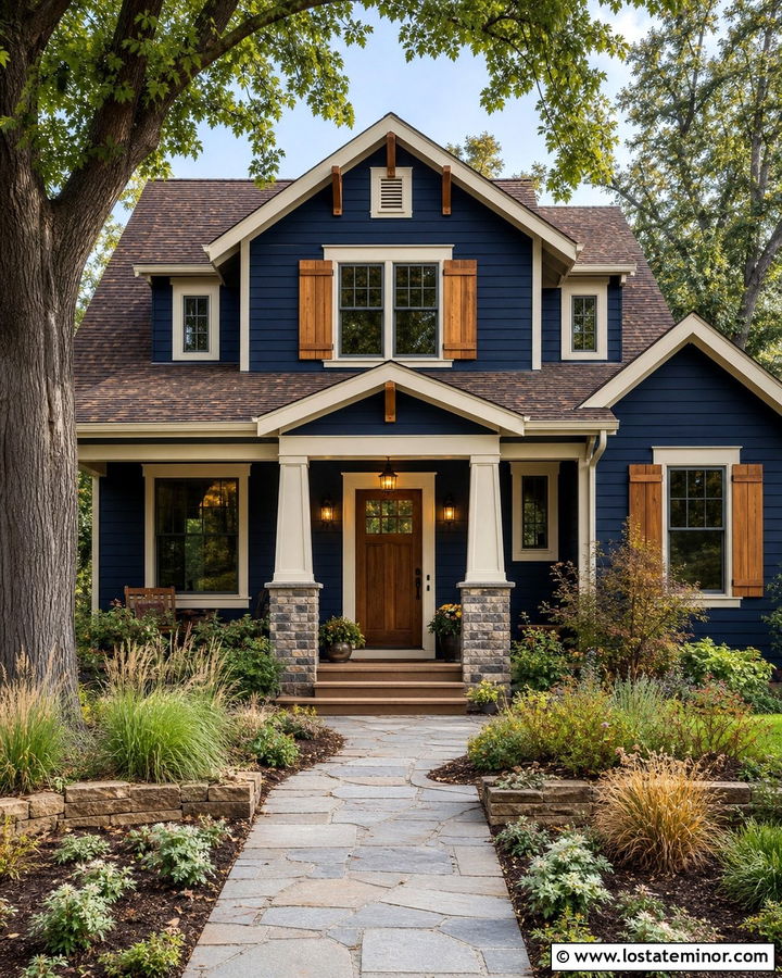 Navy Blue House With Cream Trim And Cedar Shutters - 30 Navy Blue House Design With Accents Ideas
