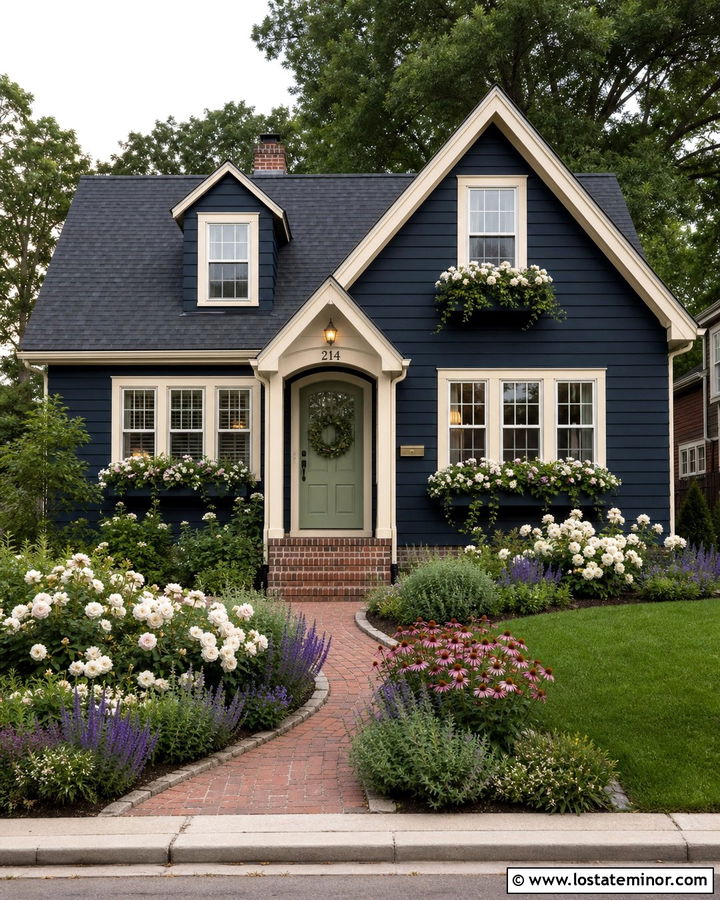 Navy Blue House With Cream Trim And Cottage Garden - 30 Navy Blue House Design With Landscaping Ideas