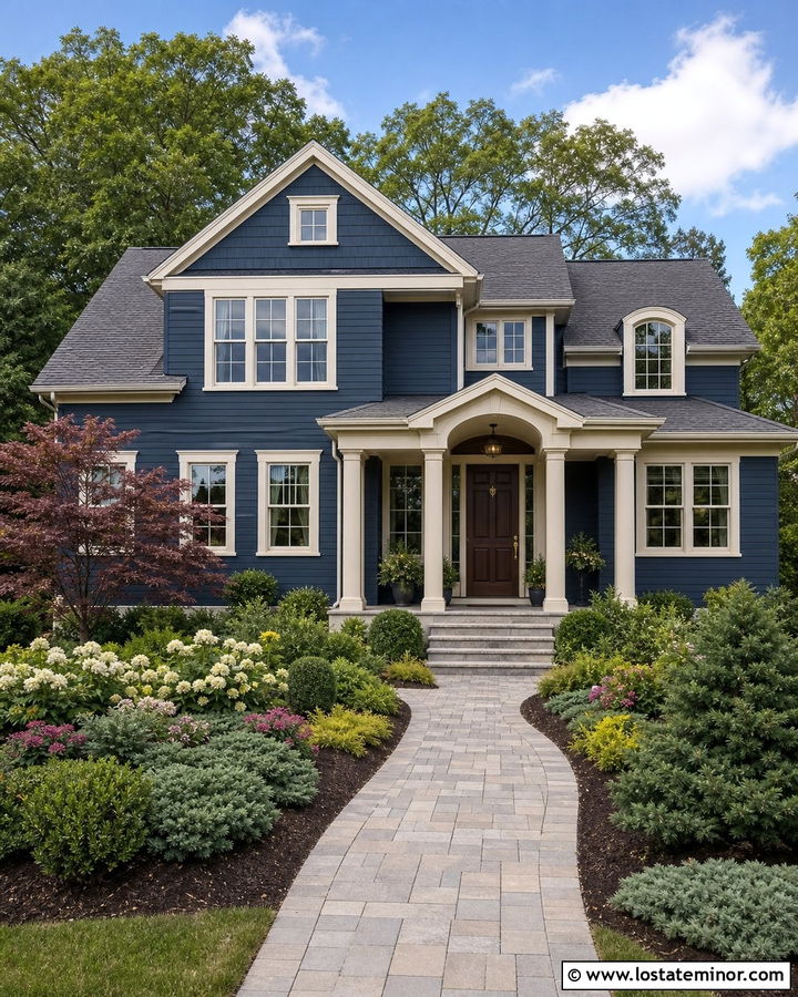 Navy Blue House With Cream Trim And Curved Garden Beds - 30 Navy Blue House Design With Front Yard Ideas