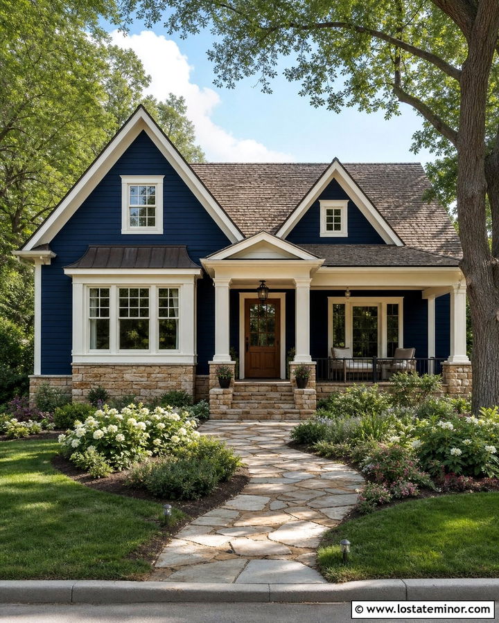 Navy Blue House With Cream Trim And Stone - 30 Navy Blue House Design With Stone Accents Ideas