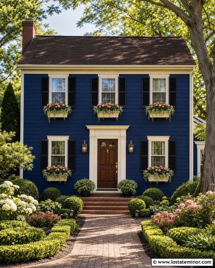 Navy Blue House With Cream Trim And Window Boxes - 30 Navy Blue House Design With Window Boxes Ideas