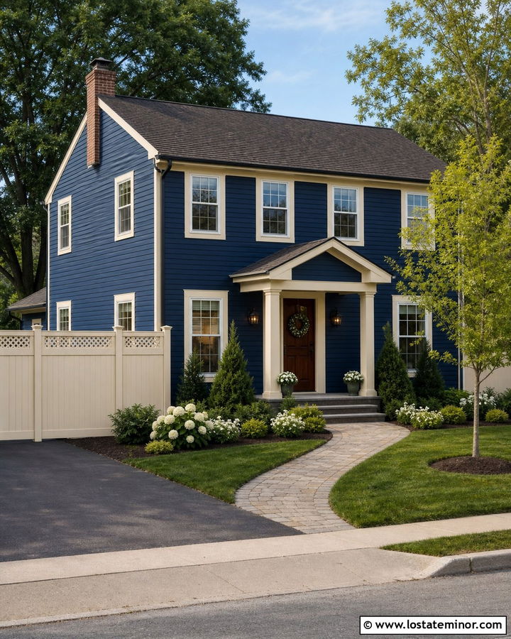 Navy Blue House With Cream Vinyl Fence - 30 Navy Blue House Design With Fence Ideas