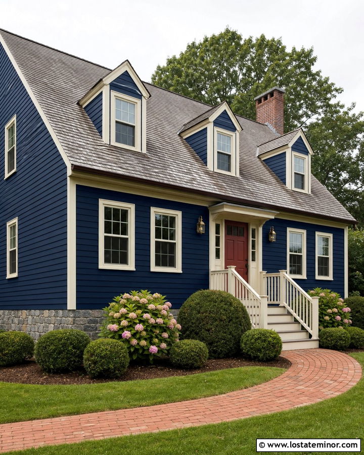 Navy Blue House With Cream Window Frames - 30 Navy Blue House Design With Window Frames Ideas