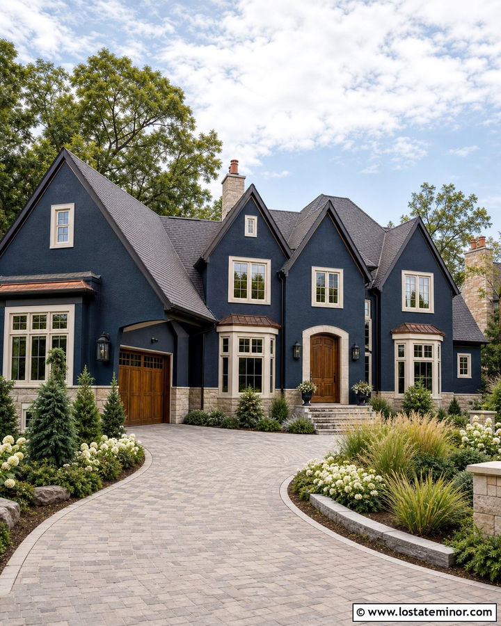 Navy Blue House With Curved Paver Driveway - 30 Navy Blue House Design With Driveway Ideas