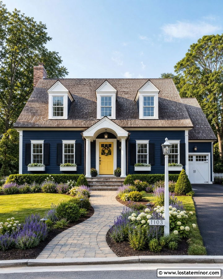 Navy Blue House With Curved Paver Walkway - 30 Navy Blue House Design With Walkway Ideas