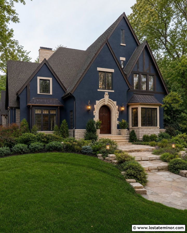 Navy Blue House With Dark Bronze Lanterns - 30 Navy Blue House Design With Lighting Ideas