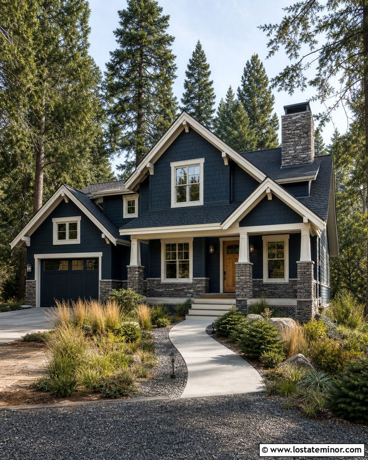 Navy Blue House With Dark Stone And Cream Trim - 30 Navy Blue House Design With Trim Ideas