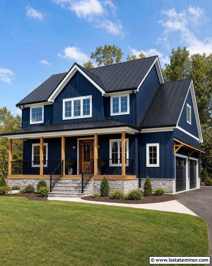 Navy Blue House With Deck And Black Roof - 30 Navy Blue House Design With Deck Ideas