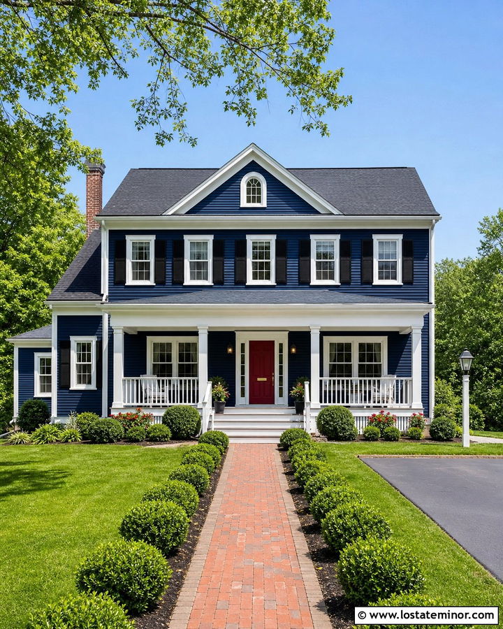 Navy Blue House With Deck And Red Door - 30 Navy Blue House Design With Deck Ideas
