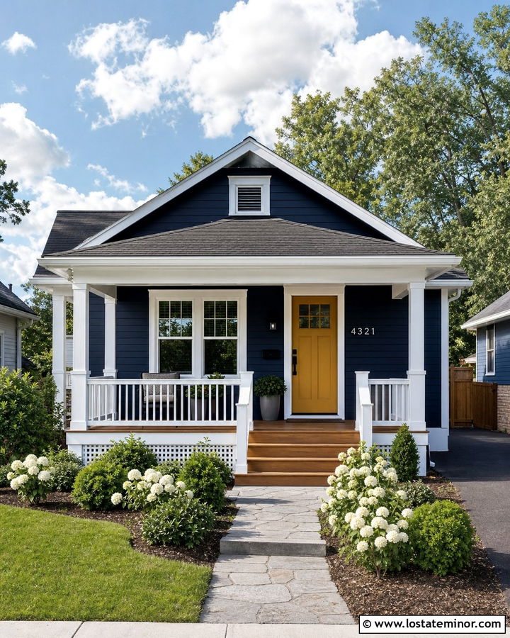 Navy Blue House With Deck And Yellow Door - 30 Navy Blue House Design With Deck Ideas