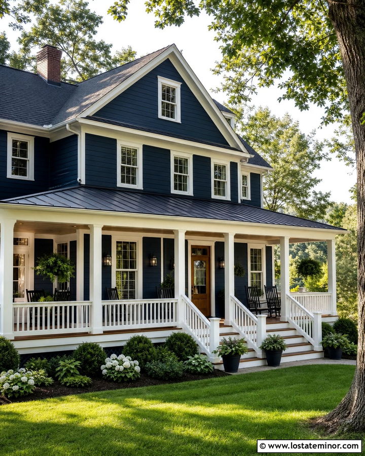 Navy Blue House With Deep Wraparound Porch - 30 Navy Blue House Design With Front Porch Ideas