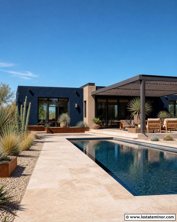 Navy Blue House With Desert Pool Landscaping - 30 Navy Blue House Design With Swimming Pool Ideas