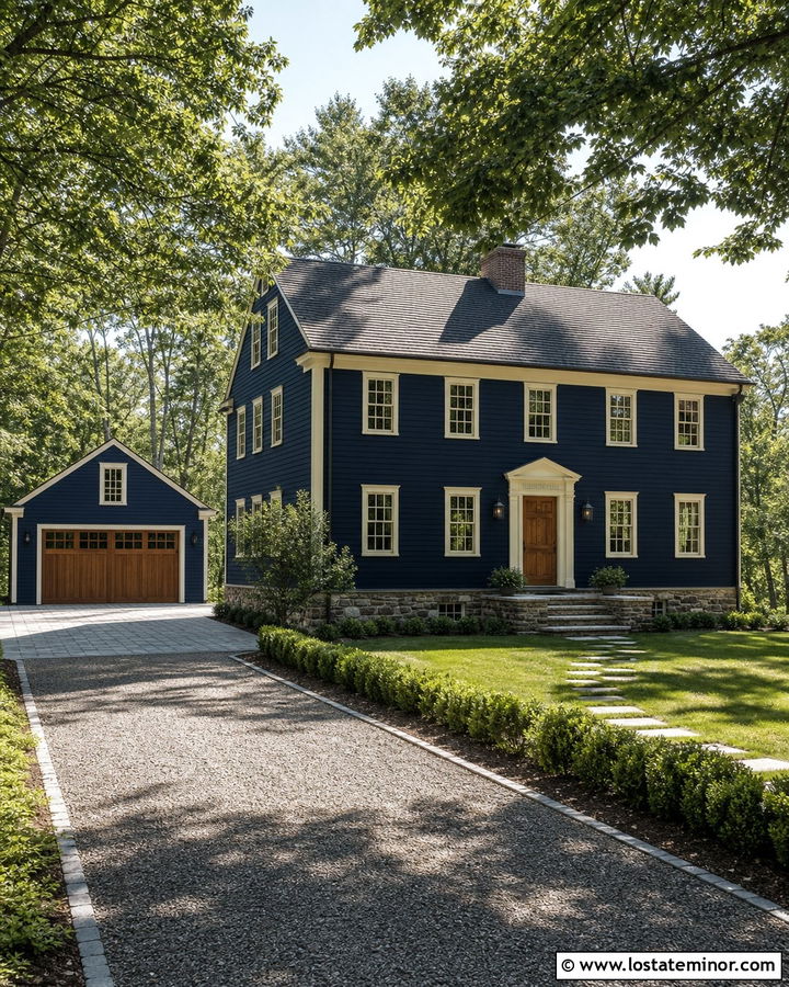 Navy Blue House With Detached Garage Driveway - 30 Navy Blue House Design With Driveway Ideas