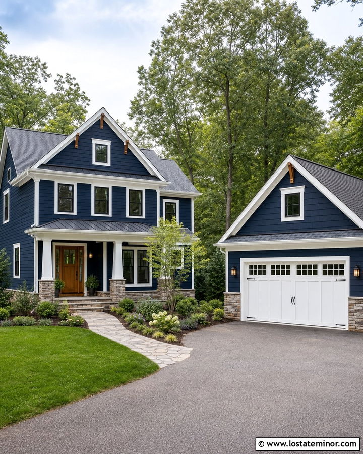 Navy Blue House With Detached Garage - 30 Navy Blue House Design With Garage Door Ideas
