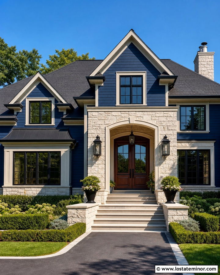 Navy Blue House With Double Door Lanterns - 30 Navy Blue House Design With Lighting Ideas
