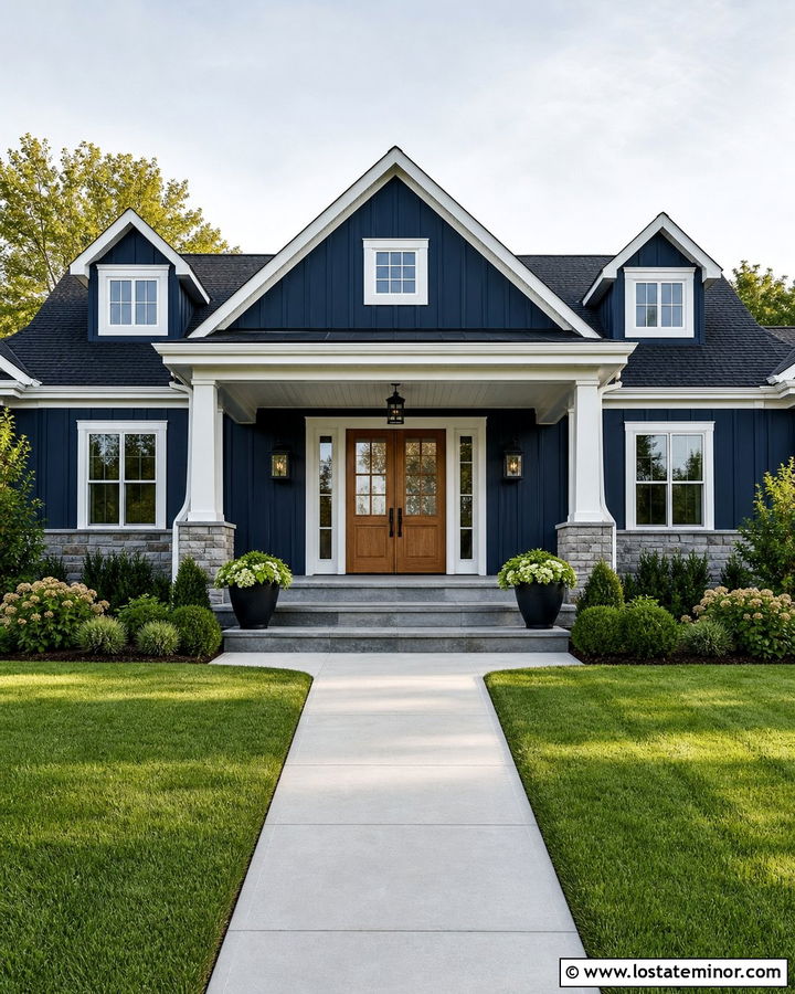 Navy Blue House With Double Front Doors - 30 Navy Blue House Design With Front Porch Ideas