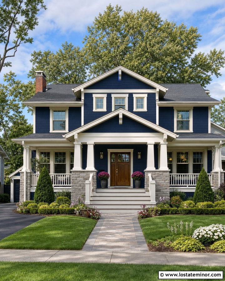 Navy Blue House With Double Porch Columns - 30 Navy Blue House Design With Porch Columns Ideas