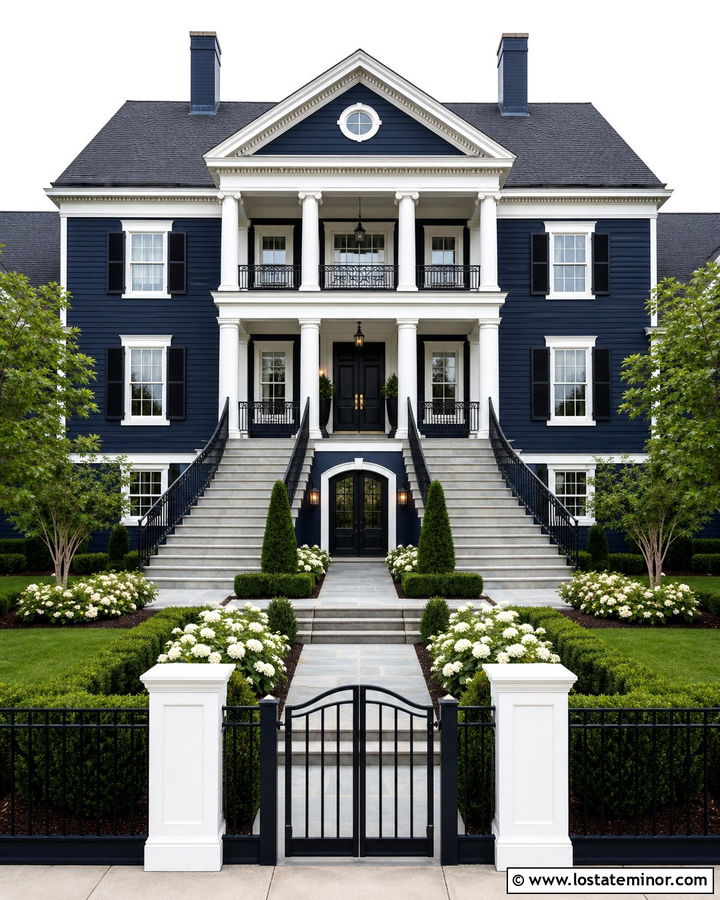 Navy Blue House With Double Staircase Entry - 30 Navy Blue House Design With Steps Ideas