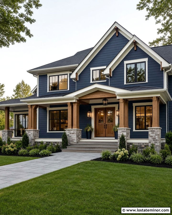 Navy Blue House With Double Wood Front Door - 30 Navy Blue House Design With Front Door Ideas