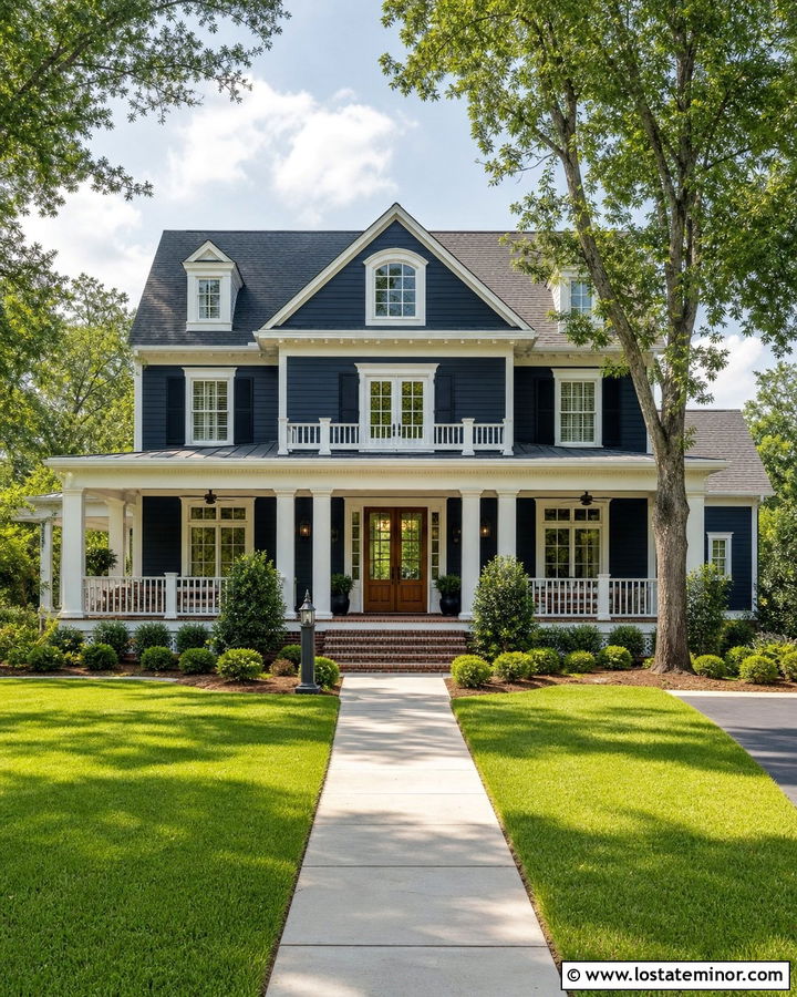 Navy Blue House With Double Wood Front Doors - 30 Navy Blue House Design With Entry Door Ideas