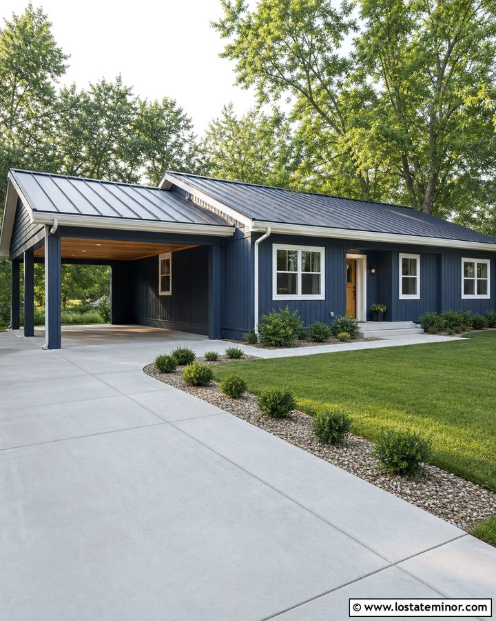 Navy Blue House With Drive Through Carport - 30 Navy Blue House Design With Carport Ideas