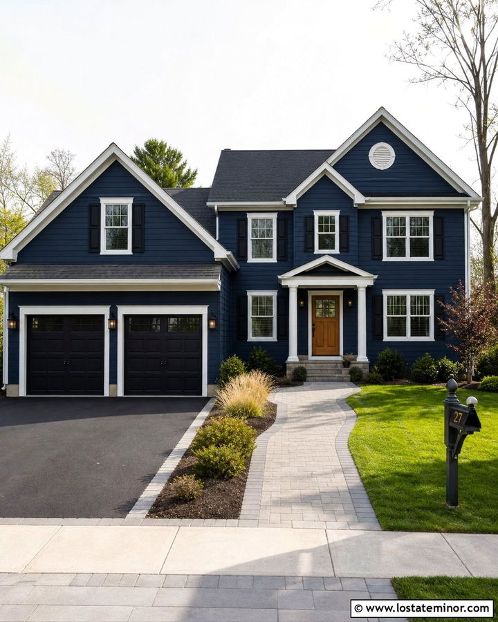 Navy Blue House With Driveway Walkway Connection - 30 Navy Blue House Design With Walkway Ideas