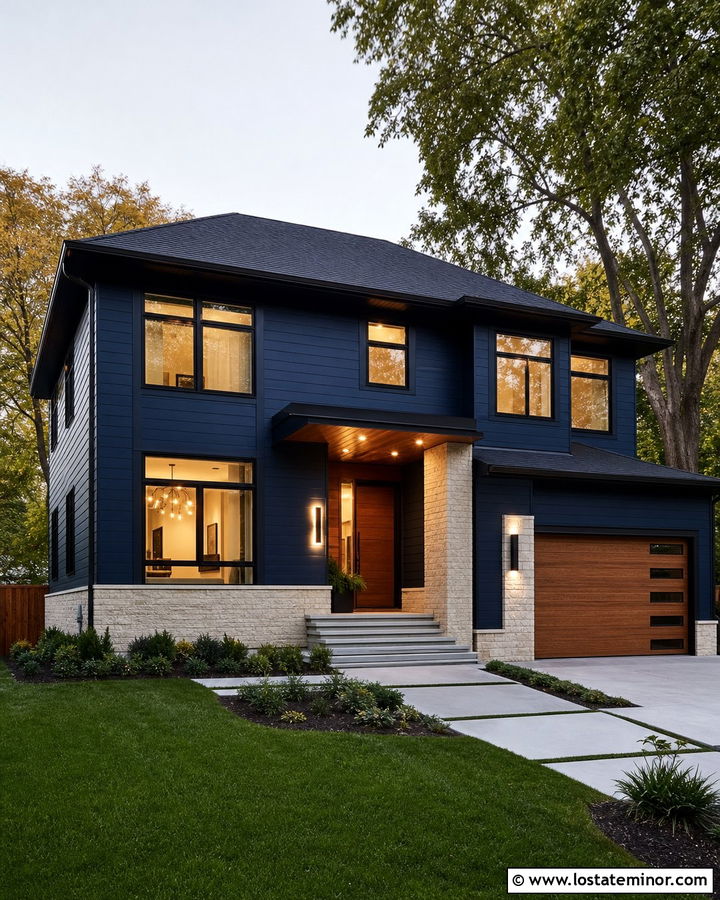 Navy Blue House With Entry Canopy Lighting - 30 Navy Blue House Design With Lighting Ideas
