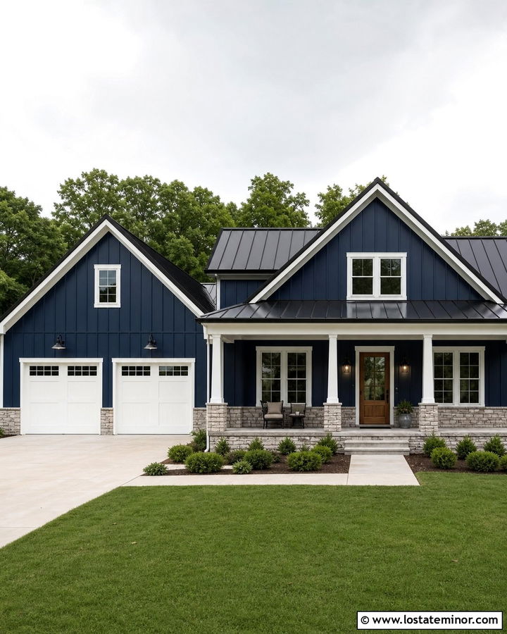 Navy Blue House With Farmhouse Barn Lights - 30 Navy Blue House Design With Lighting Ideas