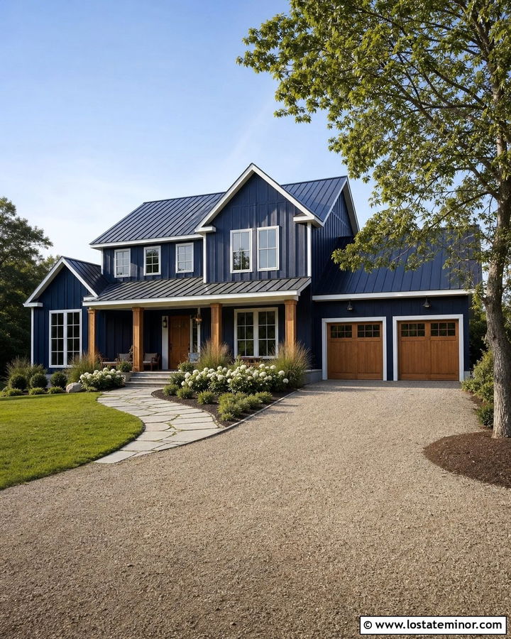 Navy Blue House With Farmhouse Gravel Driveway - 30 Navy Blue House Design With Driveway Ideas