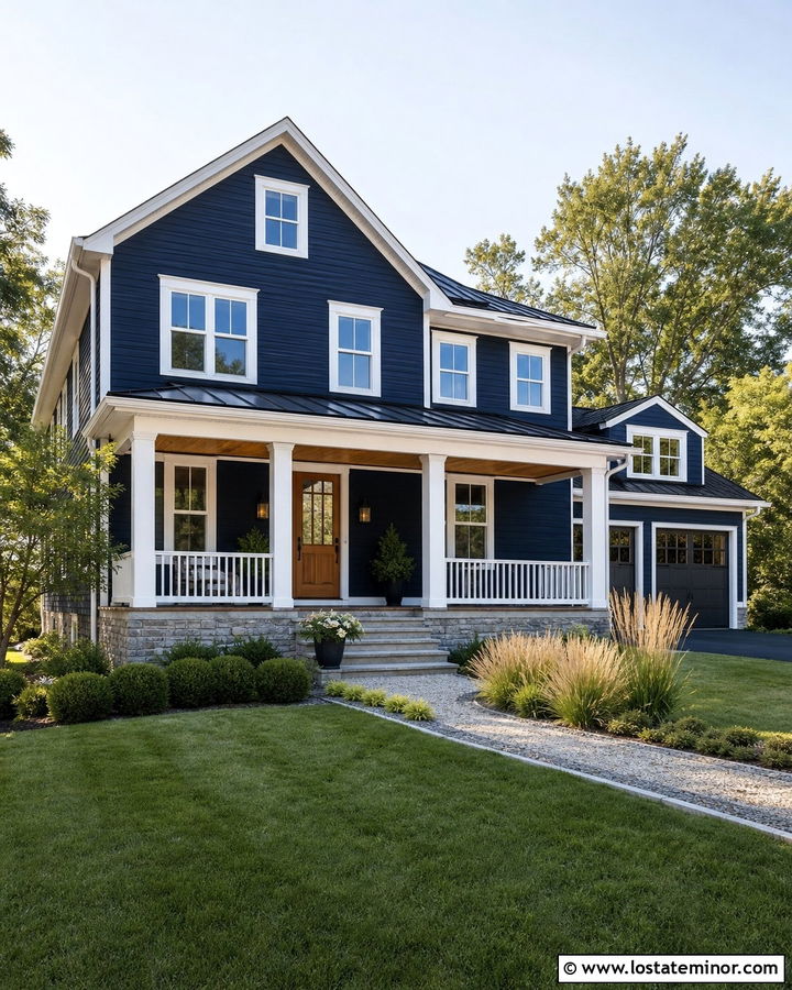 Navy Blue House With Farmhouse Porch Columns - 30 Navy Blue House Design With Porch Columns Ideas