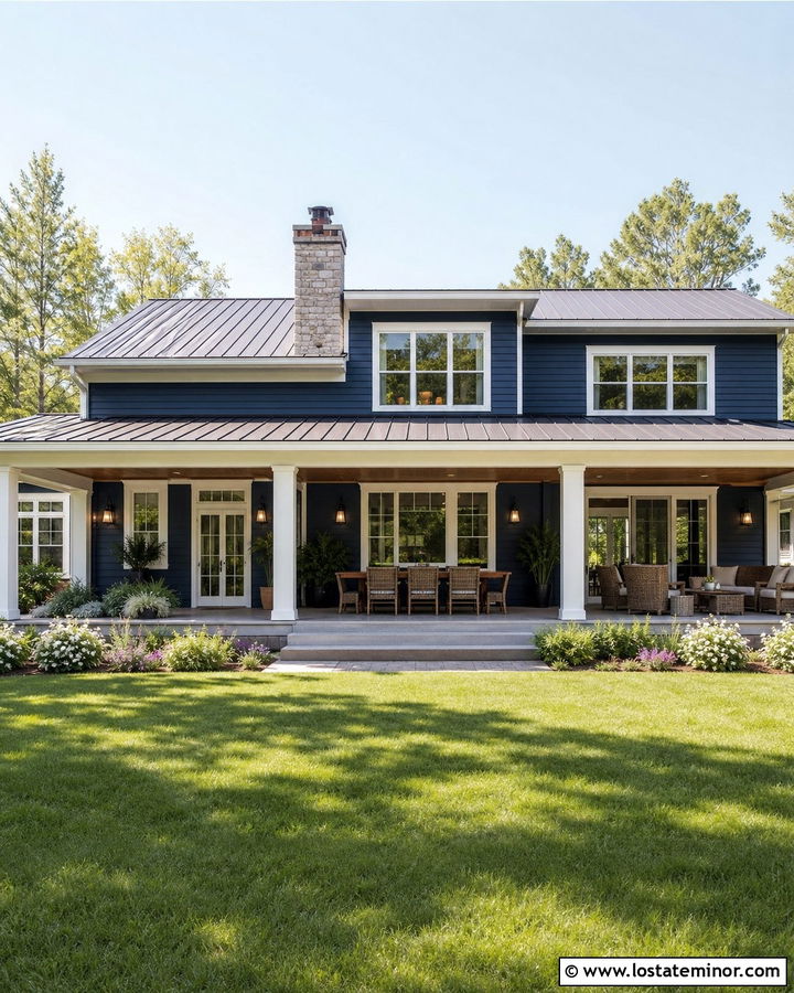 Navy Blue House With Farmhouse Porch - 30 Navy Blue House Design With Backyard Ideas
