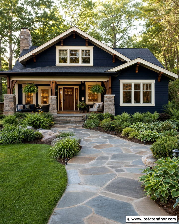 Navy Blue House With Flagstone Walkway - 30 Navy Blue House Design With Walkway Ideas