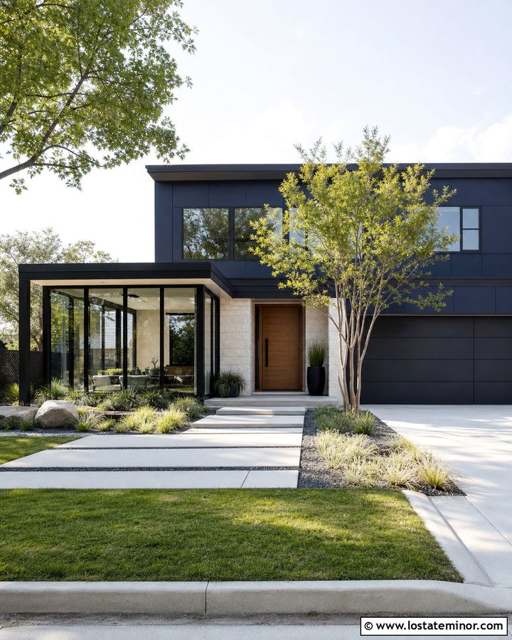 Navy Blue House With Flat Roof Sunroom - 30 Navy Blue House Design With Sunroom Ideas