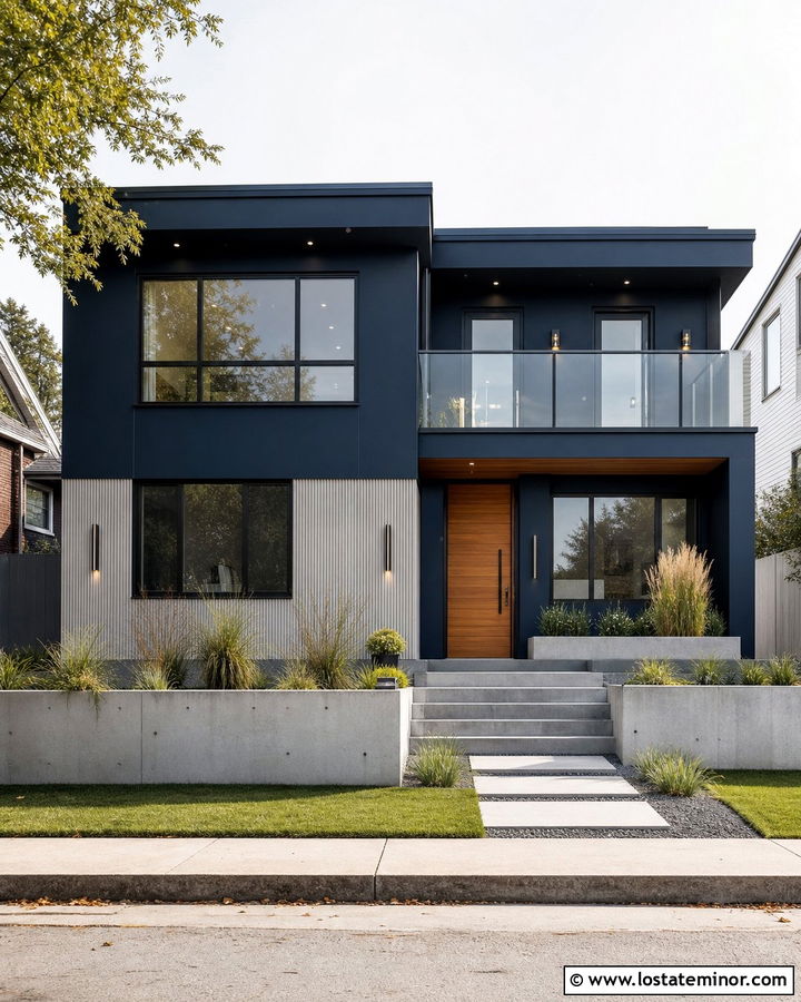 Navy Blue House With Fluted Concrete Wainscoting - 30 Navy Blue House Design With Wainscoting Ideas
