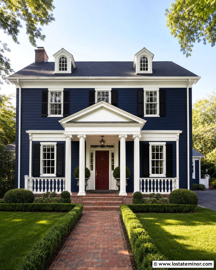 Navy Blue House With Fluted Porch Columns - 30 Navy Blue House Design With Porch Columns Ideas
