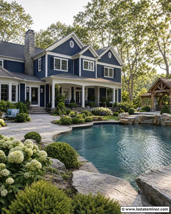 Navy Blue House With Freeform Pool - 30 Navy Blue House Design With Swimming Pool Ideas
