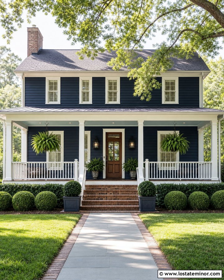 Navy Blue House With Full Width Columned Porch - 30 Navy Blue House Design With Porch Columns Ideas